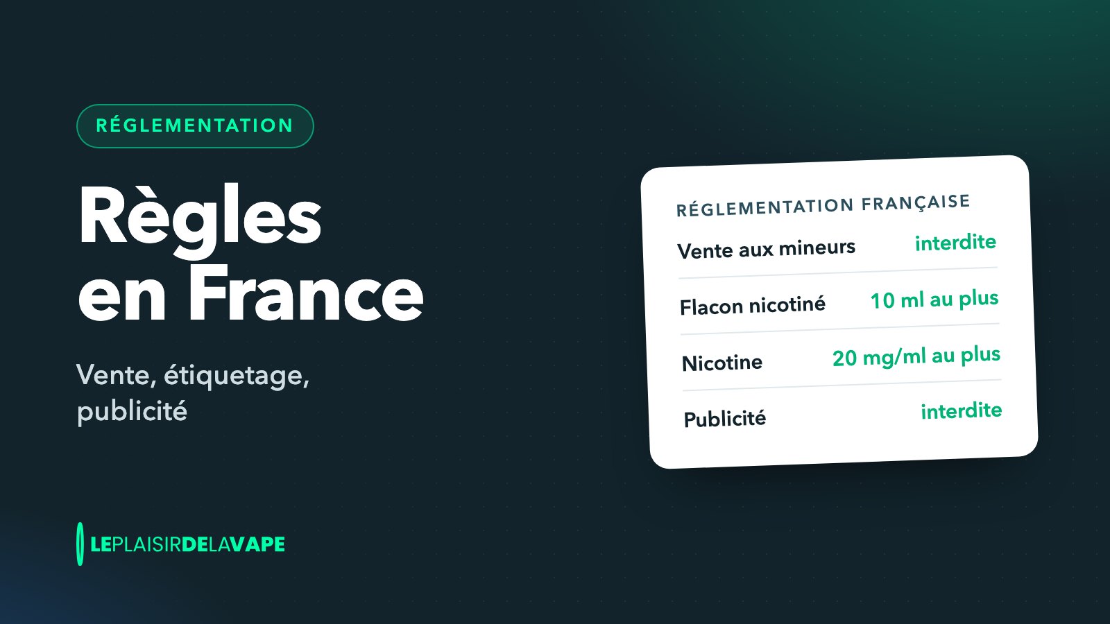 Carte des règles françaises : vente aux mineurs, flacon, taux de nicotine et publicité