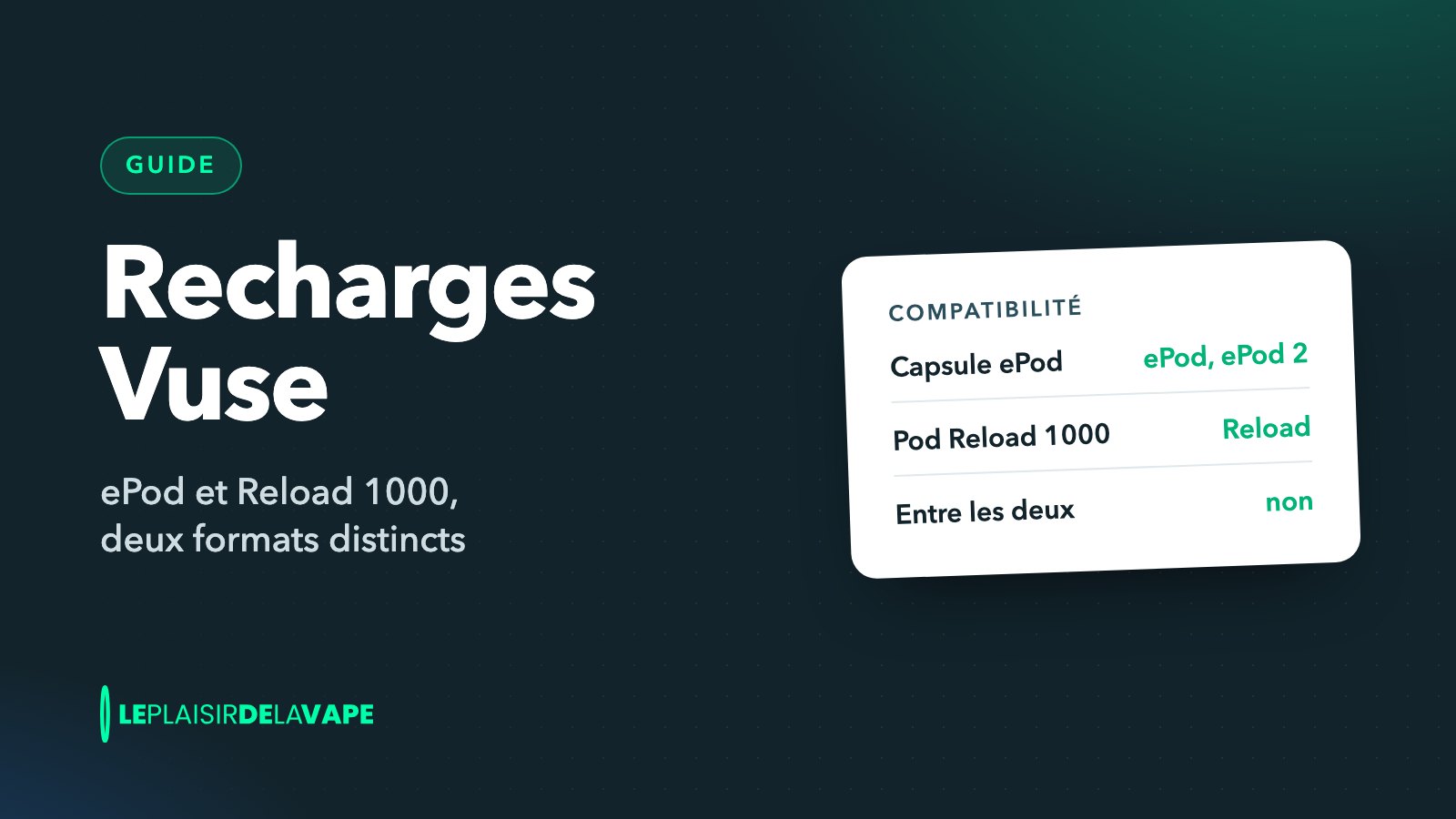Carte d’après les fiches du site : capsule ePod pour l’ePod, pod Reload 1000 pour la batterie Reload, compatibilité entre les deux à vérifier dans la notice